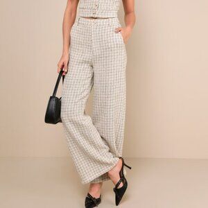 Lulus Posh Perception Ivory And Black Plaid Tweed Wide-leg Pants White - Size L